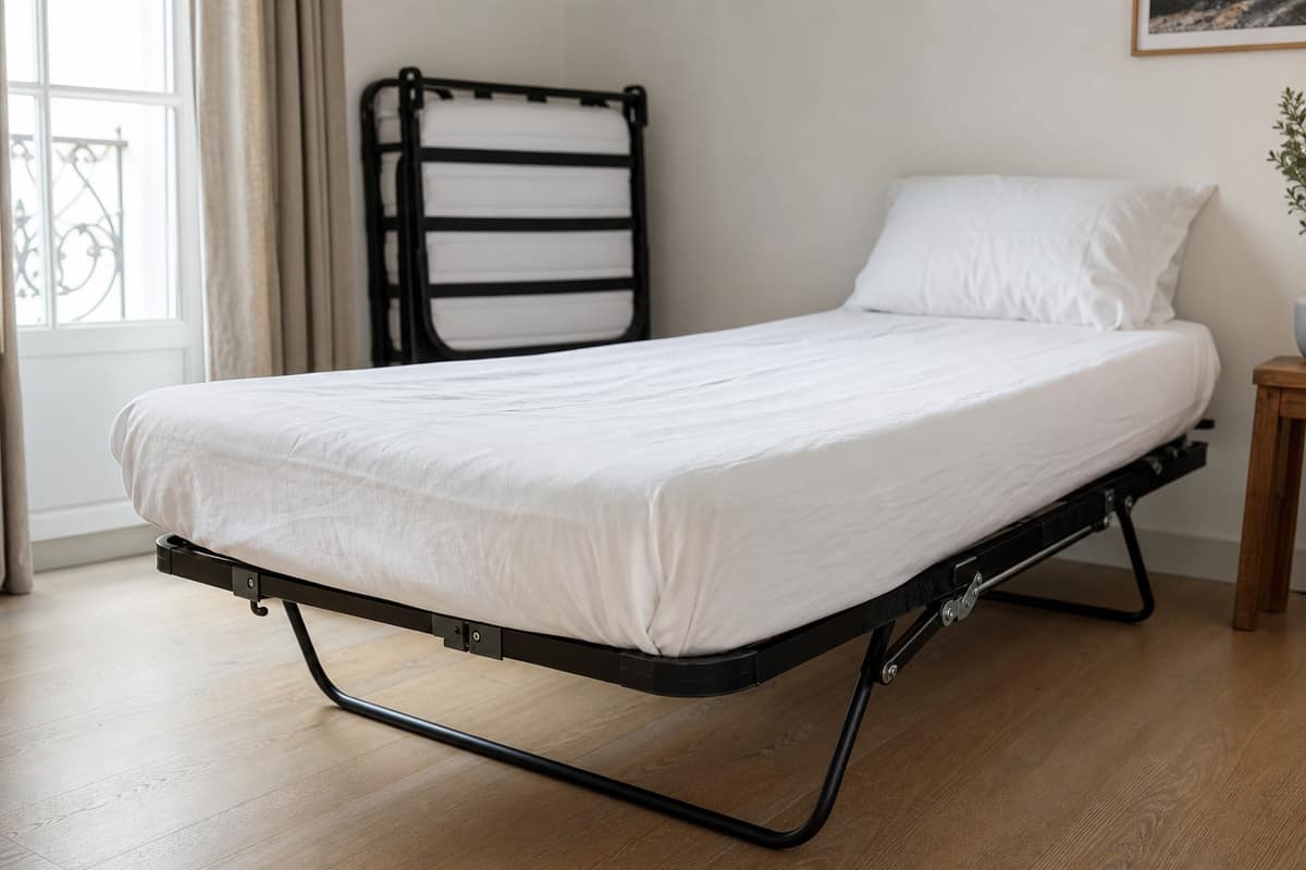 Lit d’appoint pliant déployé dans une petite chambre lumineuse avec linge blanc