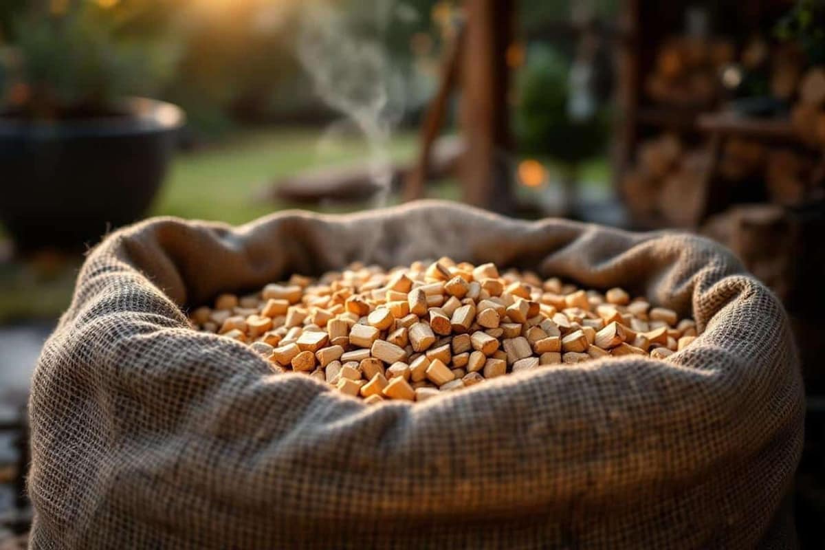Poêle à granulés allumé près d’un sac de pellets de 15 kg