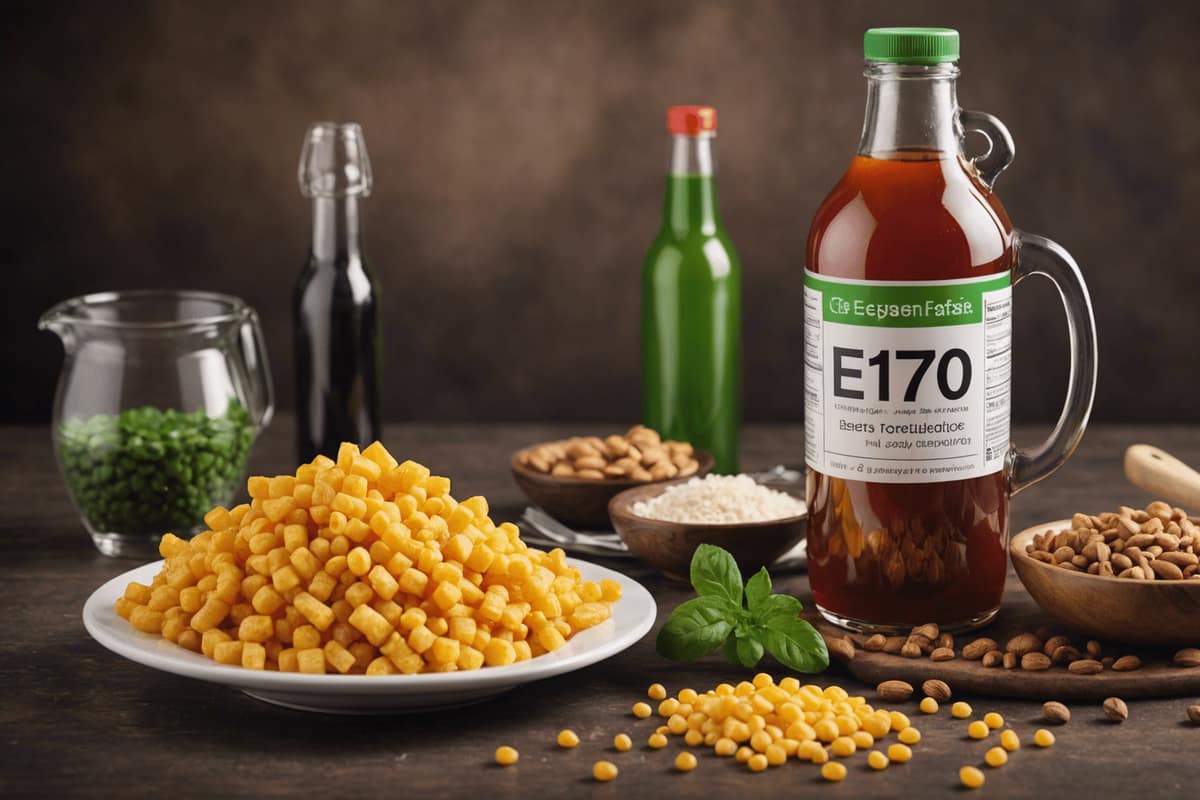 Étiquettes alimentaires et produits contenant du carbonate de calcium sur un plan de cuisine