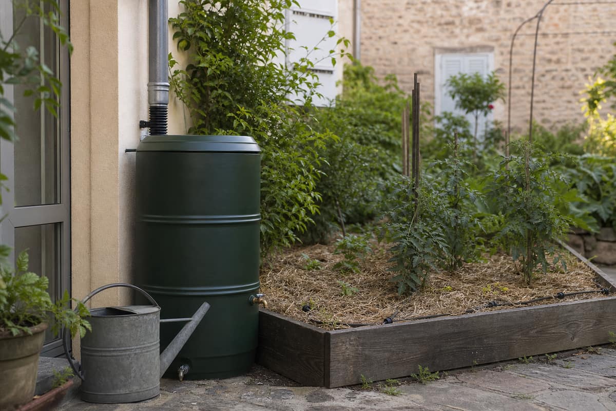Récupérateur d’eau de pluie et goutte-à-goutte dans un potager paillé