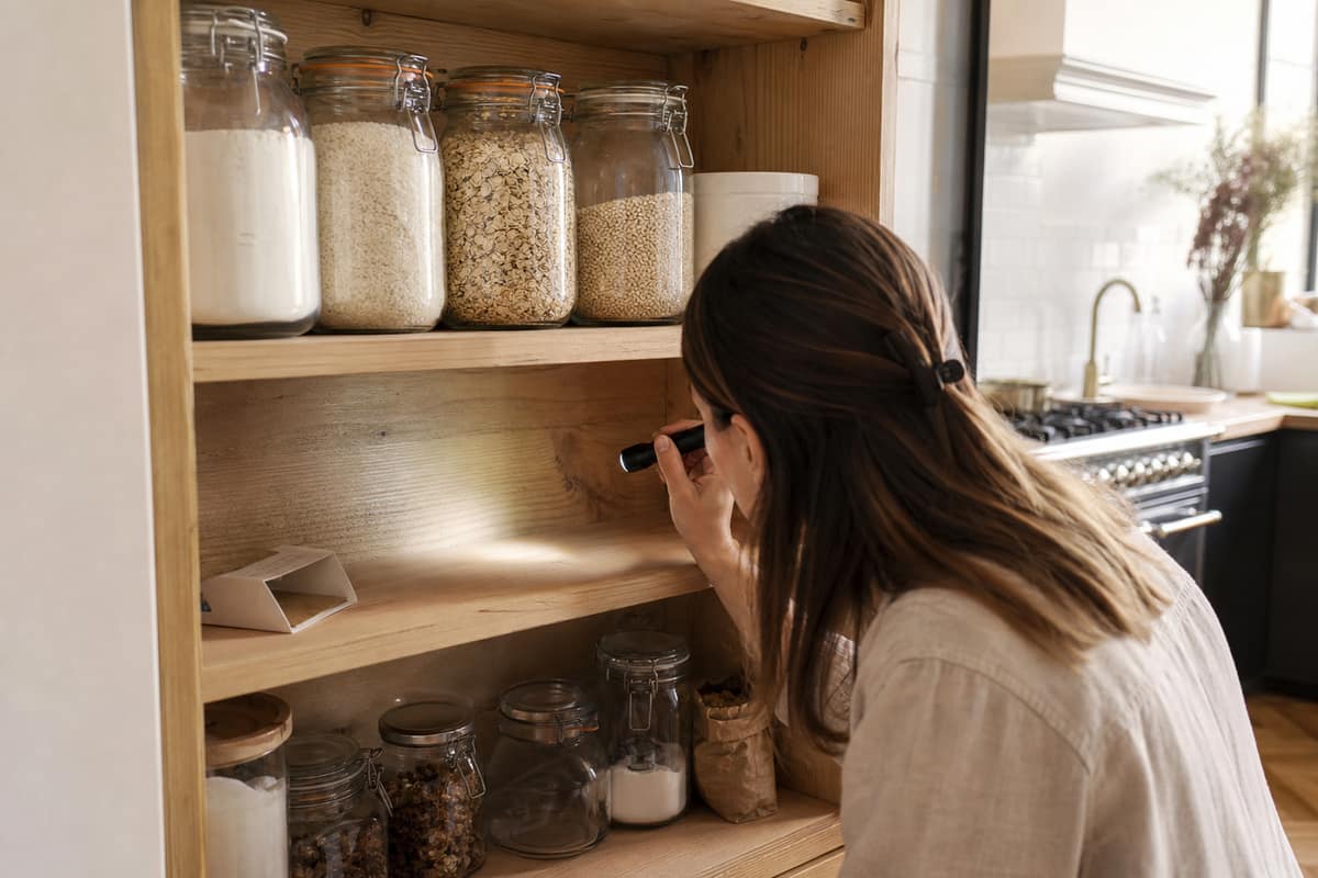 Placard de cuisine avec bocaux hermétiques et piège contre les mites alimentaires