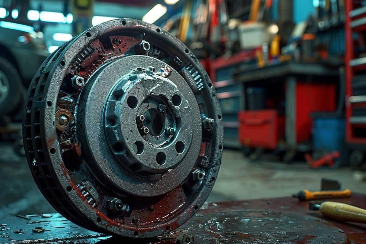 Kit d’embrayage démonté près d’une compacte française dans un garage