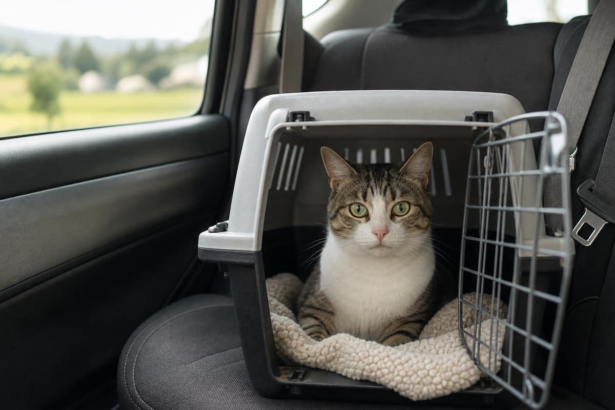 Chat installé dans sa cage de transport sécurisée sur la banquette arrière