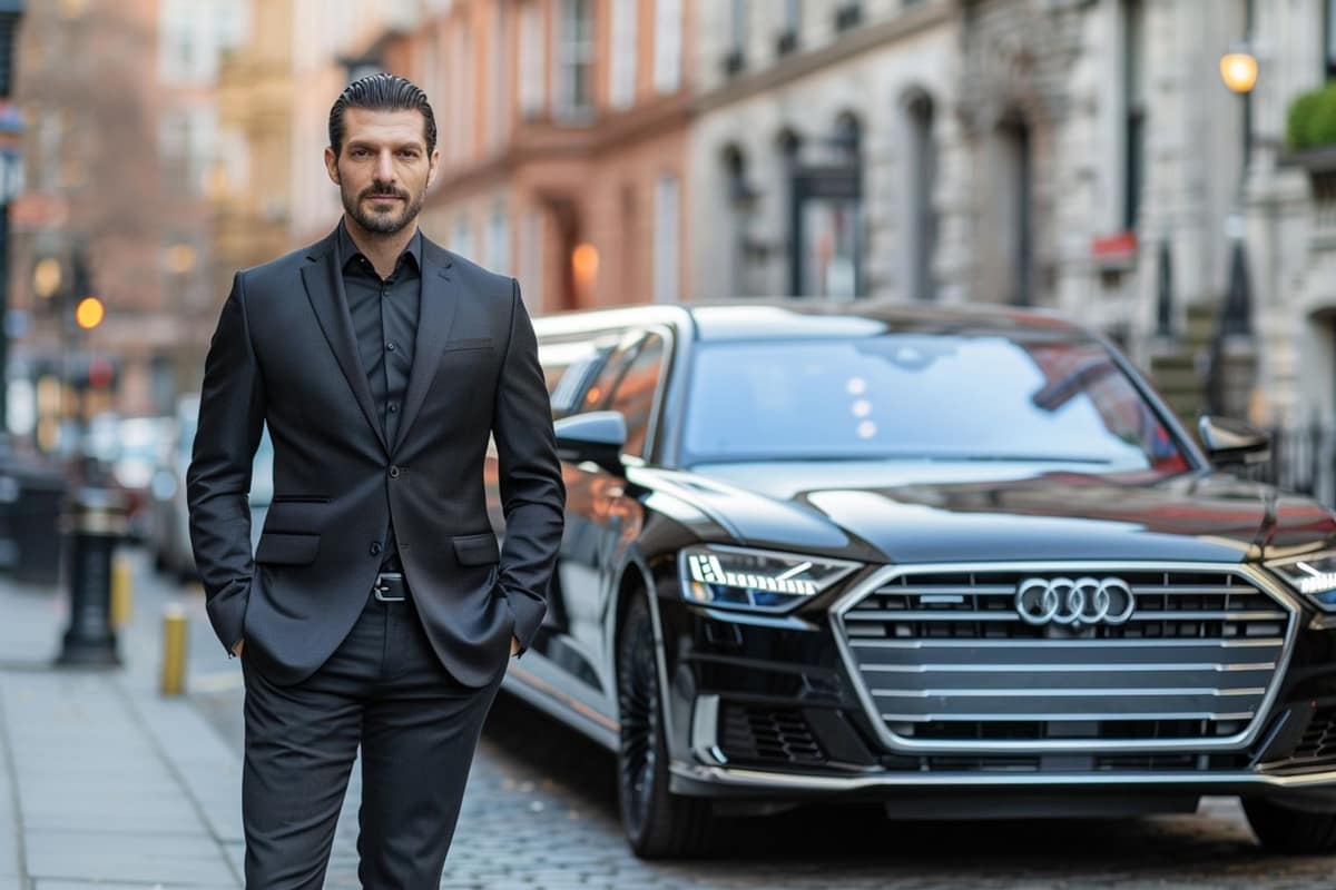 Chauffeur ouvrant une berline noire devant un hôtel élégant à Genève