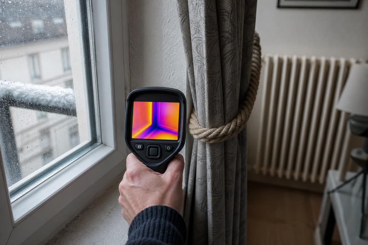 Main tenant une caméra thermique devant une fenêtre dans un salon français