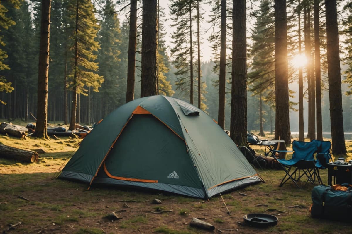 Tente de camping équipée avec sacs, matelas et réchaud en forêt