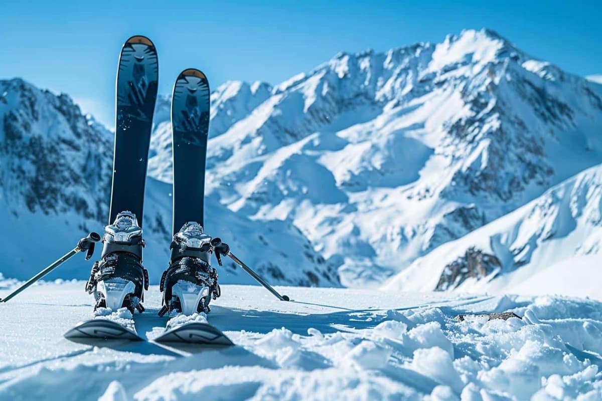 Équipement de ski complet rangé près d’une entrée de chalet enneigé