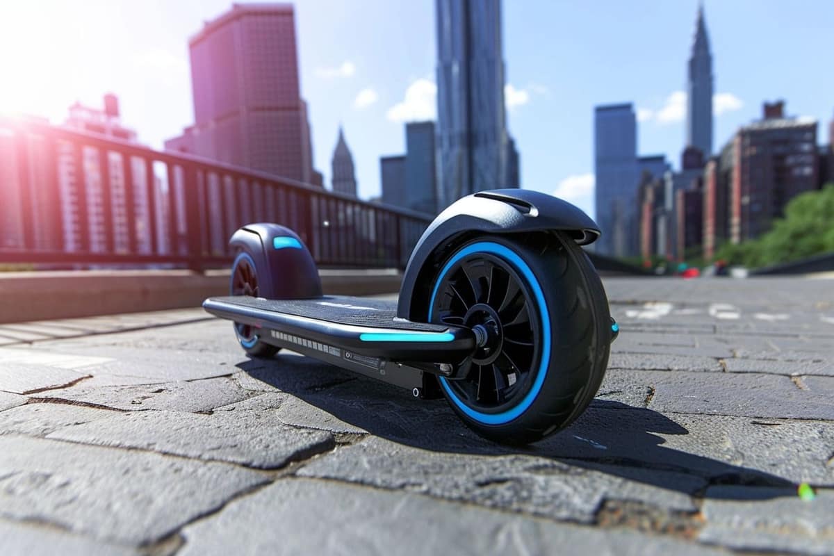 Batterie 36 V et câblage d’un hoverboard ouvert sur un établi