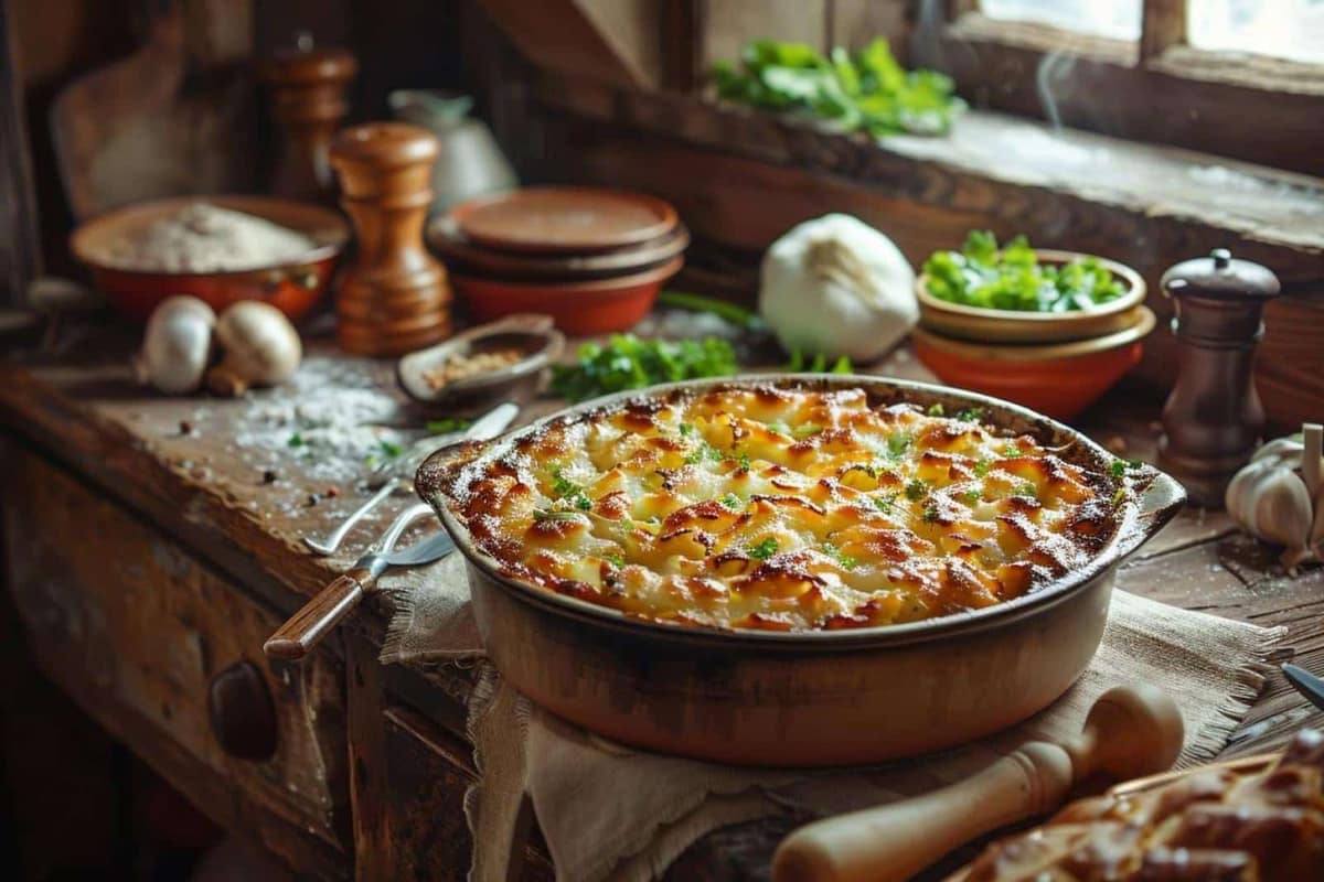 Rôti de bœuf, pommes de terre et Yorkshire puddings sur table rustique