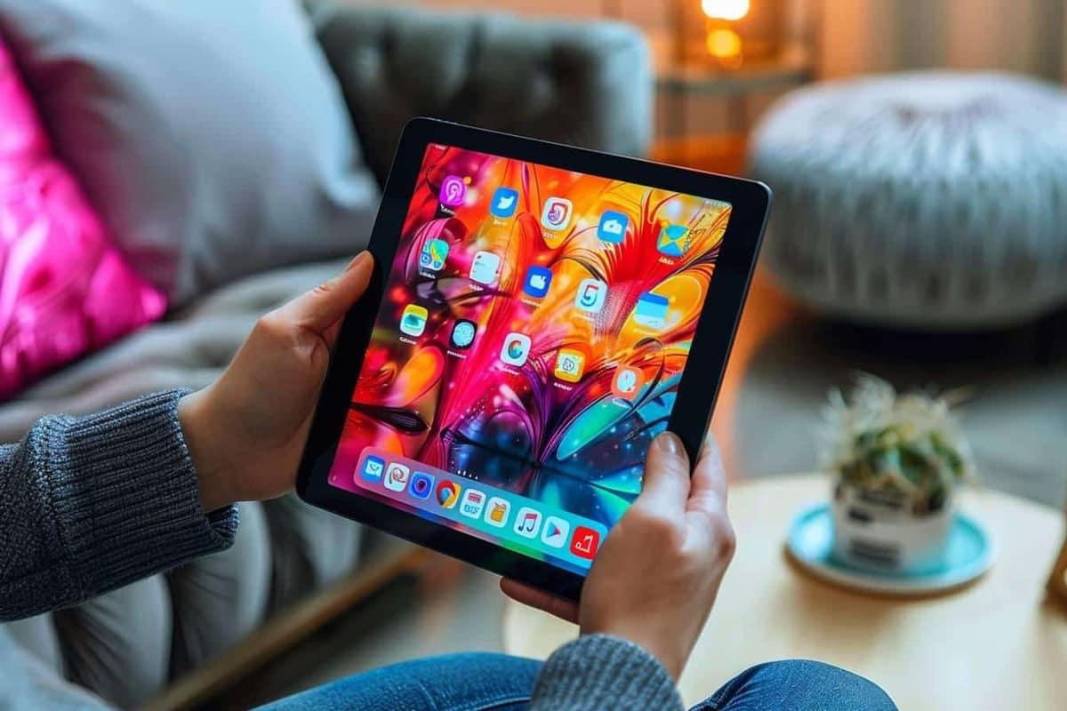 Tablette avec clavier sur un bureau lumineux dans un appartement français