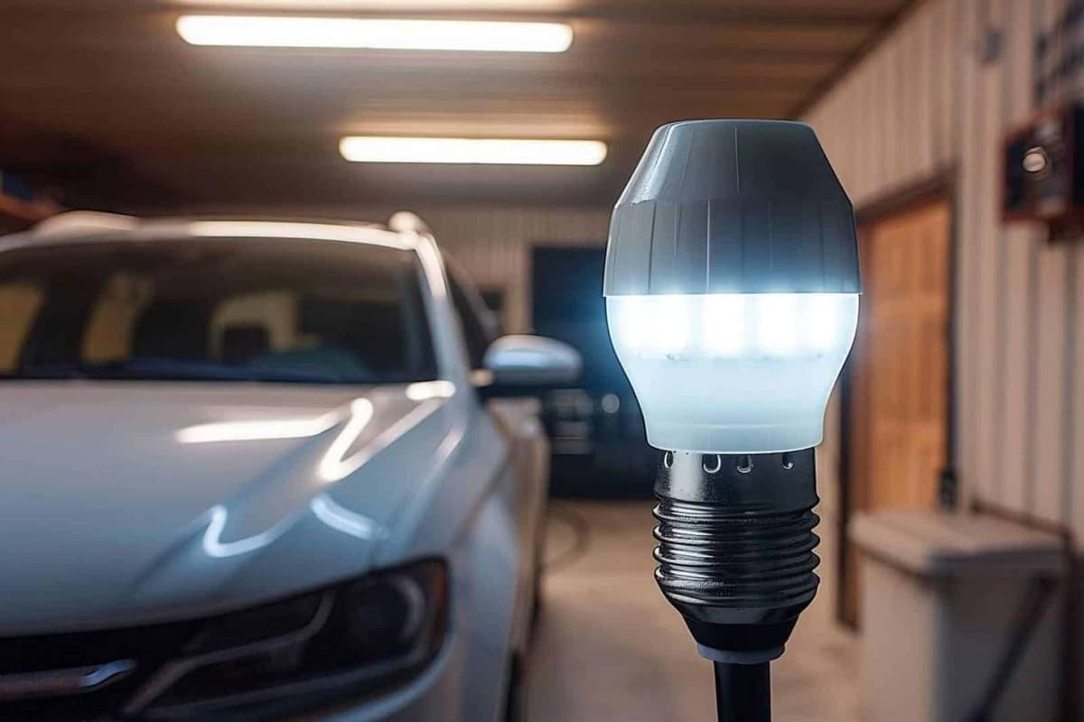 Phare de voiture avec ampoule LED et cache arrière ouvert au crépuscule