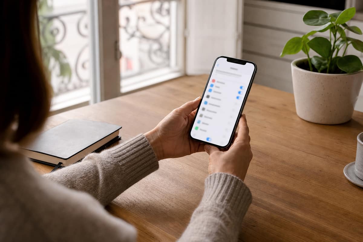Mains réglant la confidentialité d’un compte sur un smartphone à la maison