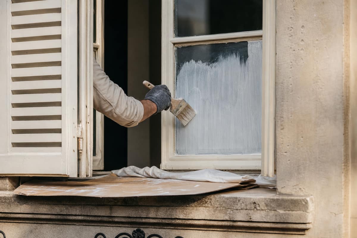 Vitre extérieure partiellement blanchie au blanc de Meudon pendant une journée chaude