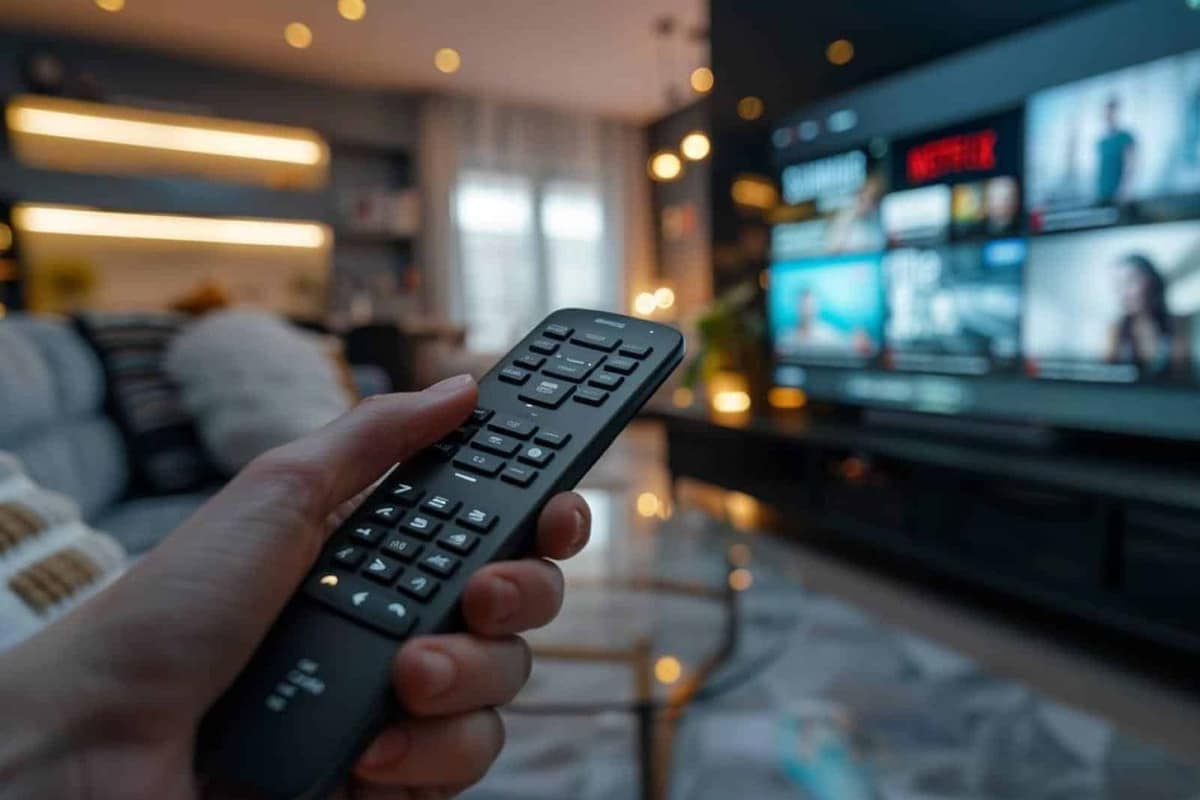 Télécommande devant un téléviseur connecté affichant les réglages d’une application de streaming