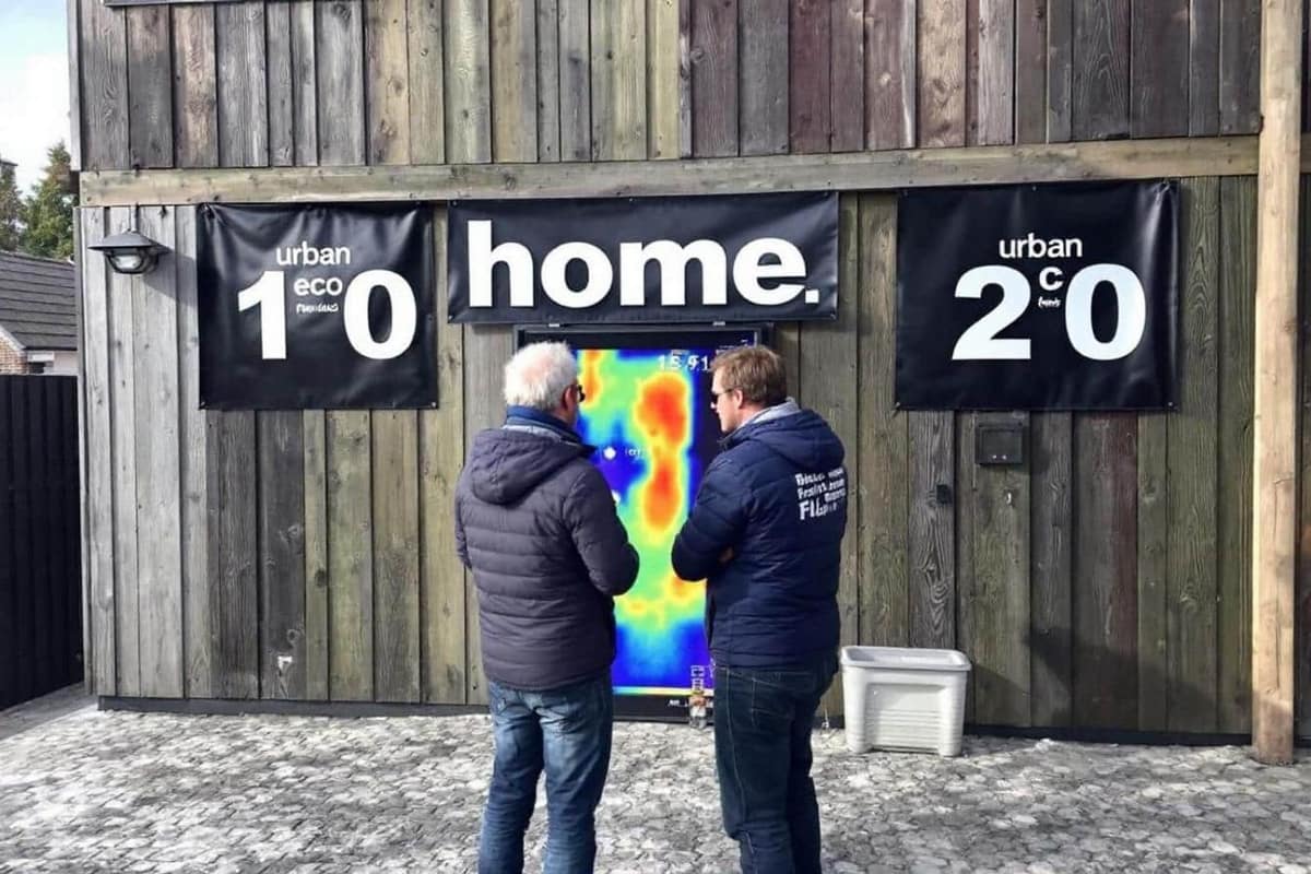 Conseiller observant la façade d’une maison avec une caméra thermique en hiver