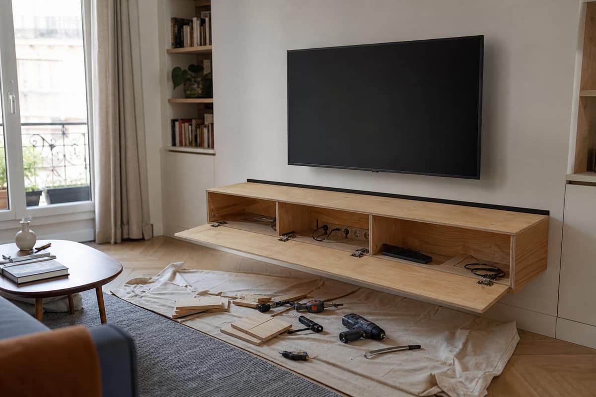 Meuble TV mural en contreplaqué suspendu sous un écran dans un salon
