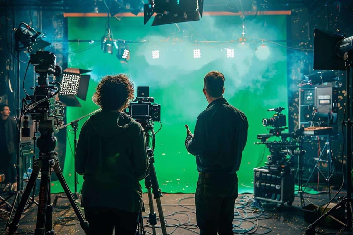 Plateau de cinéma avec fond vert, caméra et mur LED lumineux