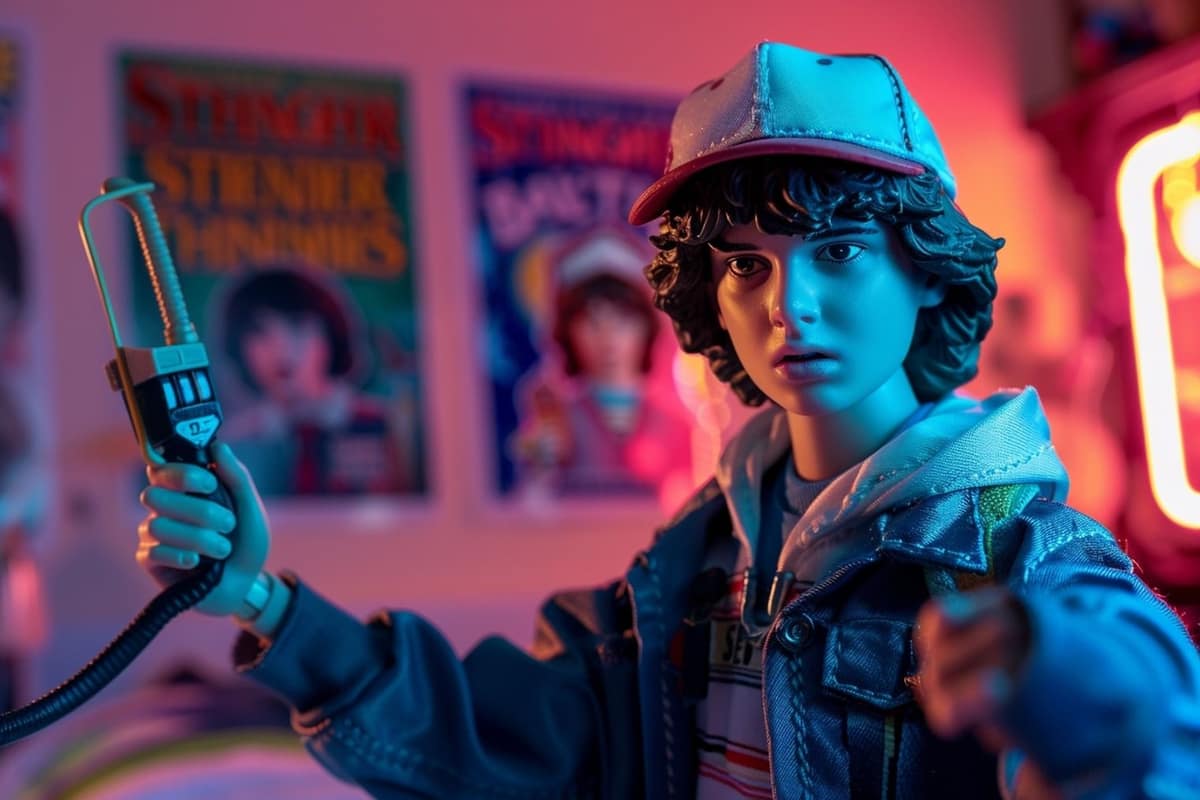 Figurines inspirées de Stranger Things exposées dans une vitrine de salon