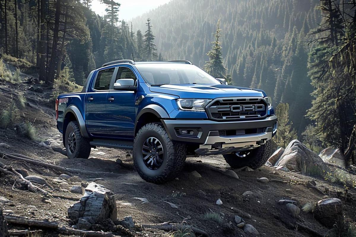 Pick-up double-cabine sur une piste forestière humide avec pneus tout-terrain