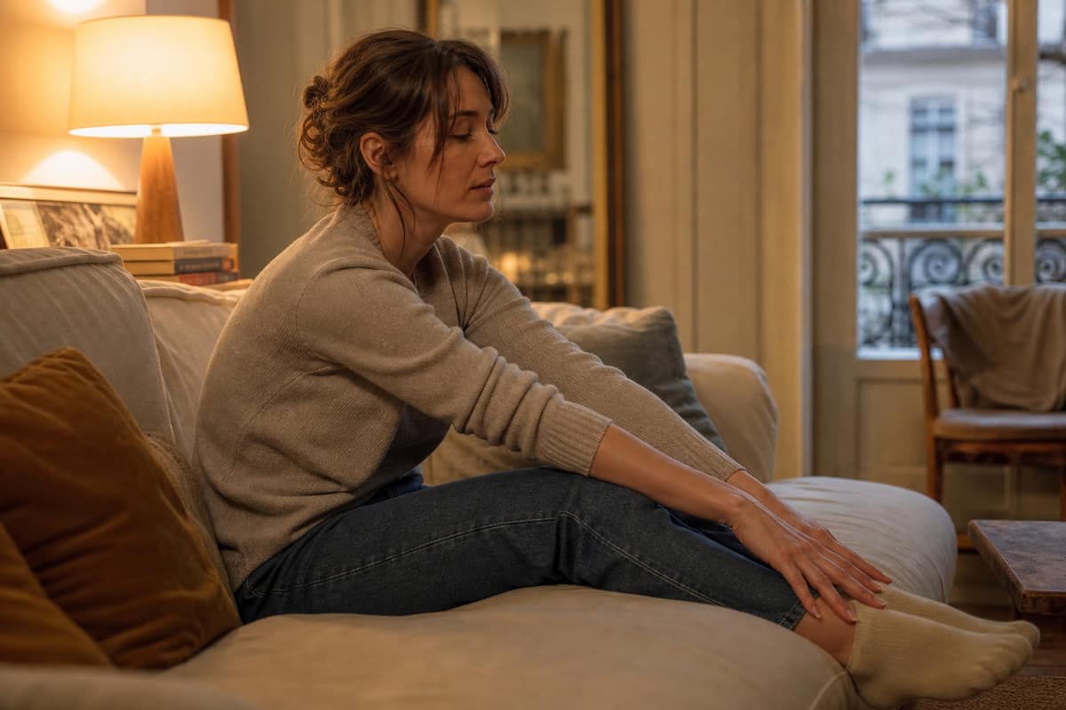 Personne étirant ses jambes le soir sur un canapé