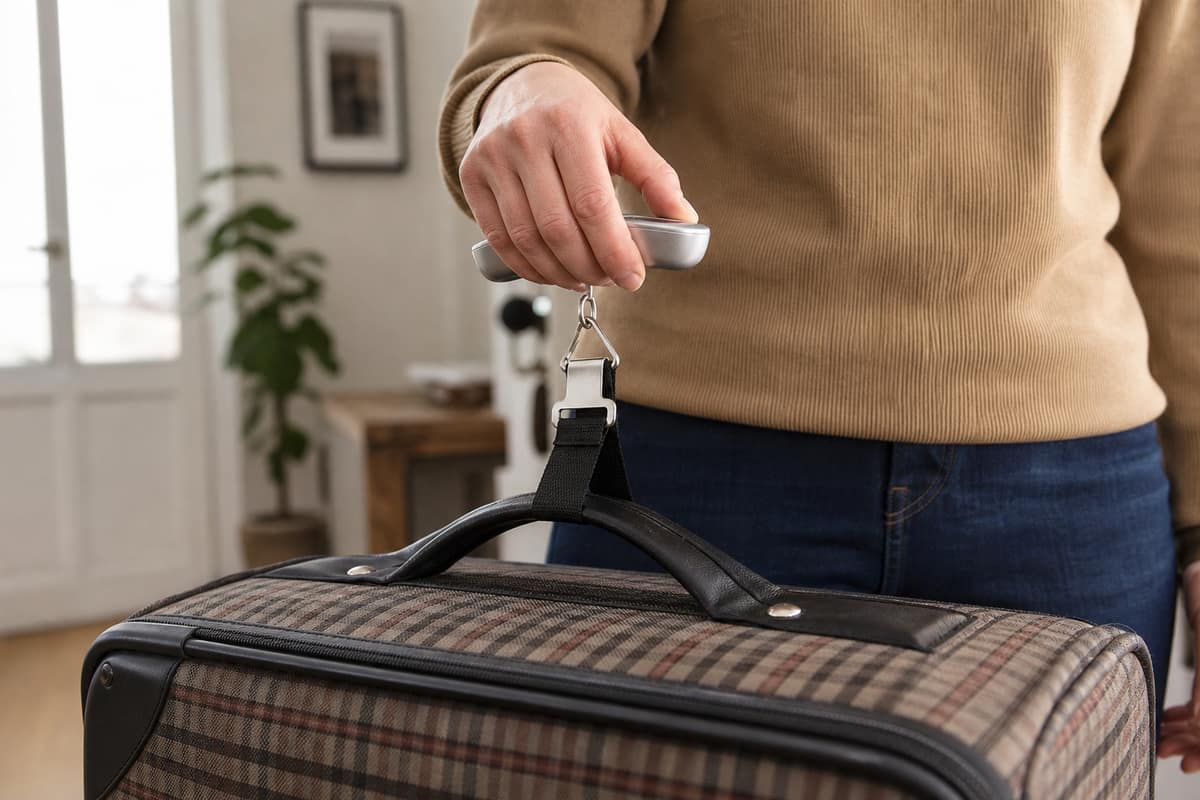 Valise pesée sur une balance de voyage avant un départ
