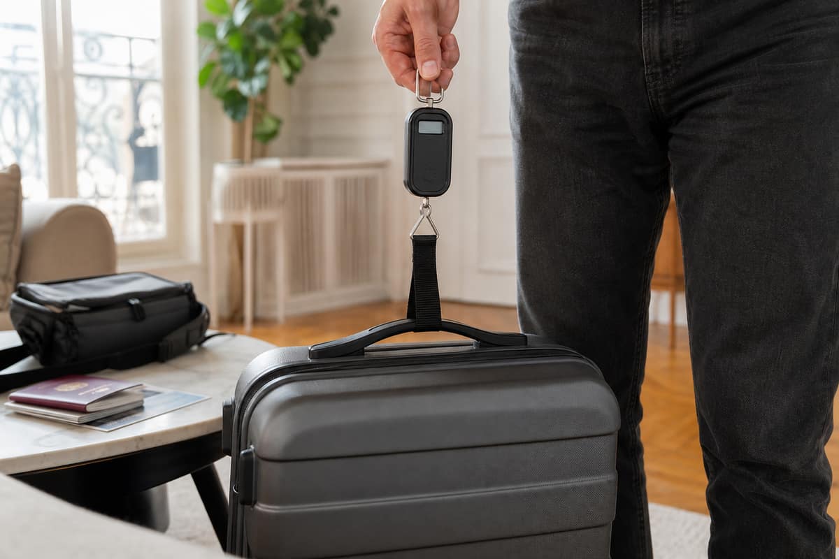 Pèse-bagage électronique suspendu à la poignée d’une valise prête pour l’aéroport