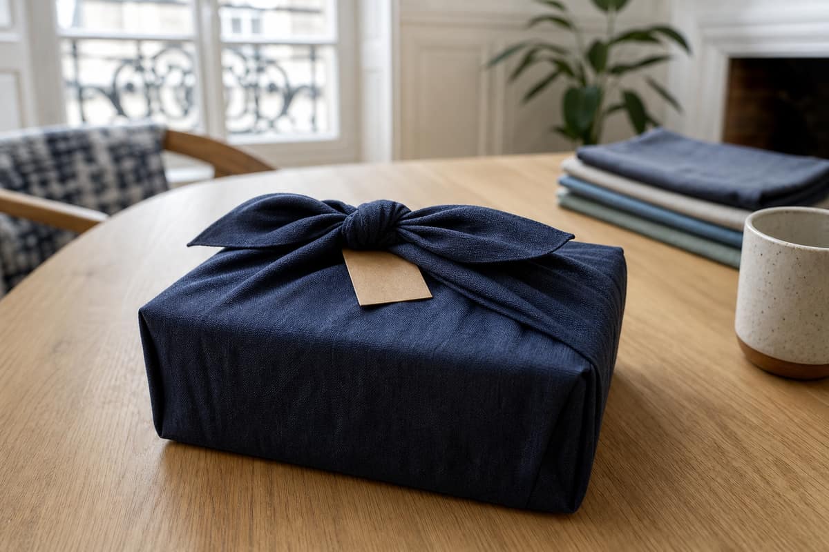 Cadeau rectangulaire emballé dans un tissu furoshiki bleu noué sur une table en bois