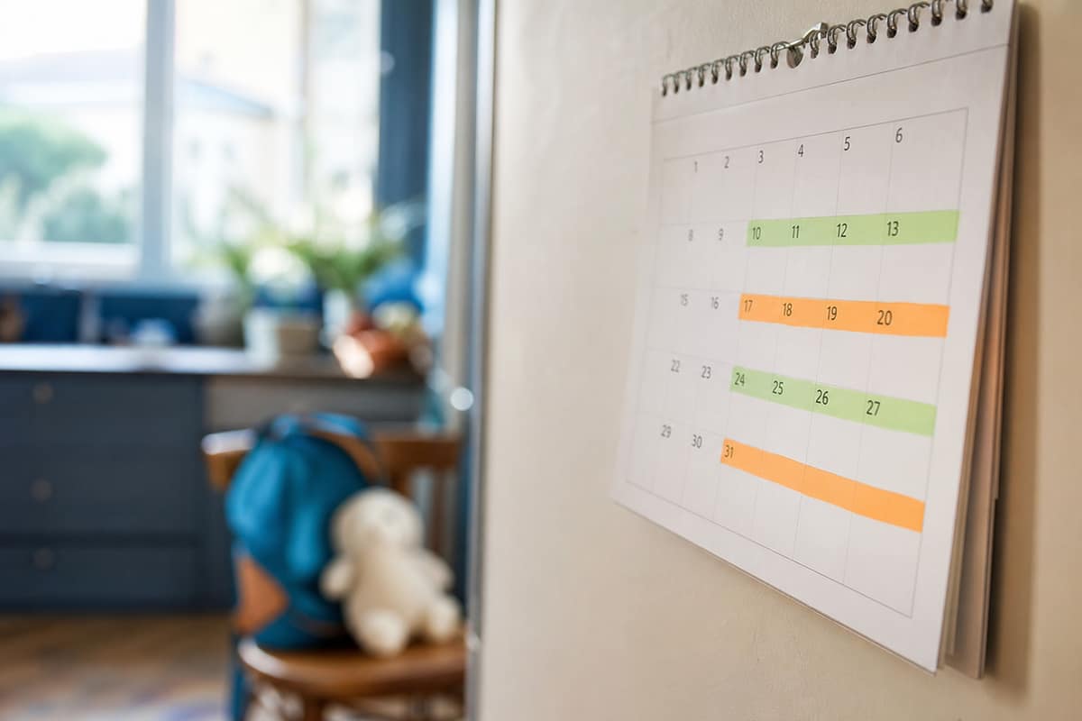 Calendrier familial avec périodes de garde alternée surlignées en été