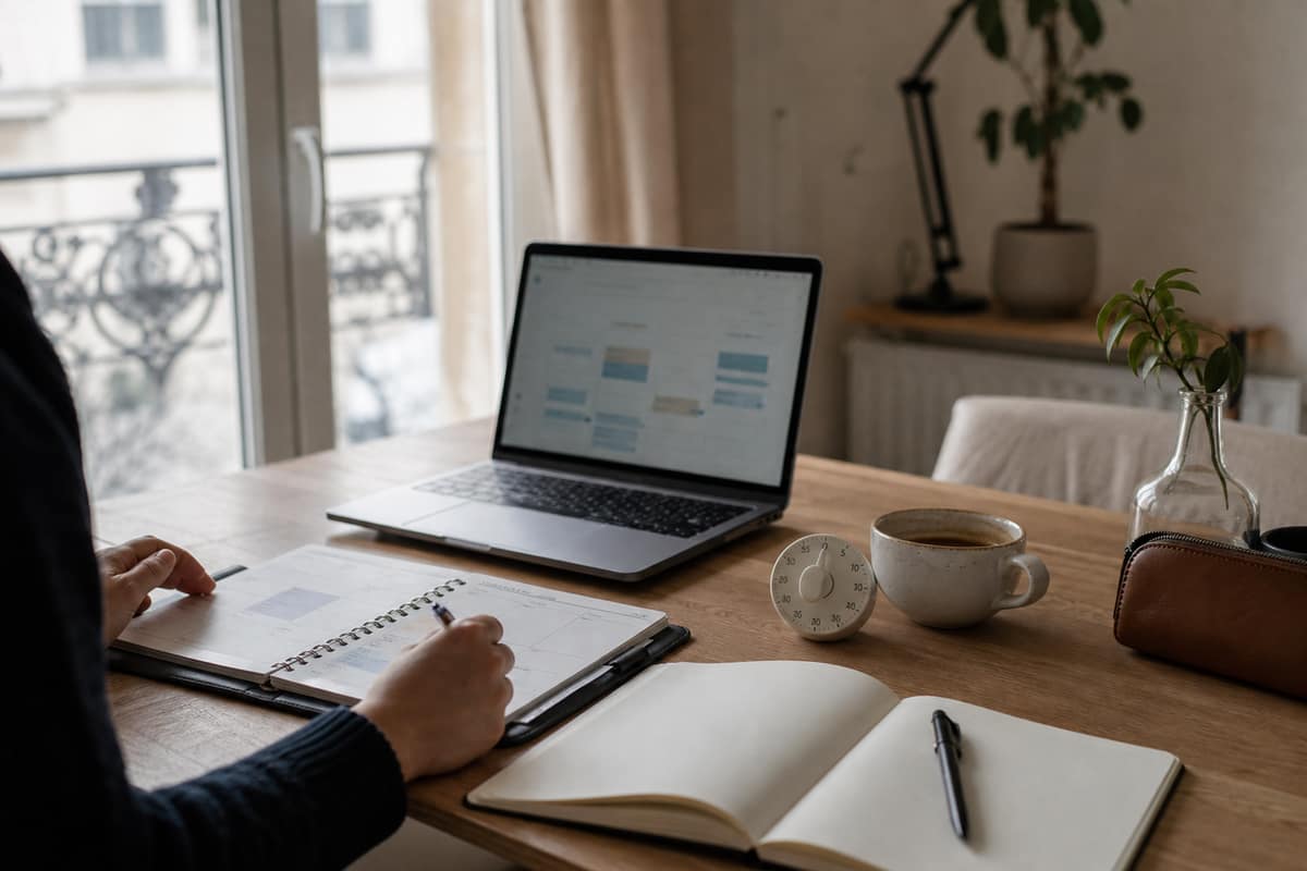 Agenda hebdomadaire, ordinateur et minuteur sur un bureau d’entrepreneur organisé