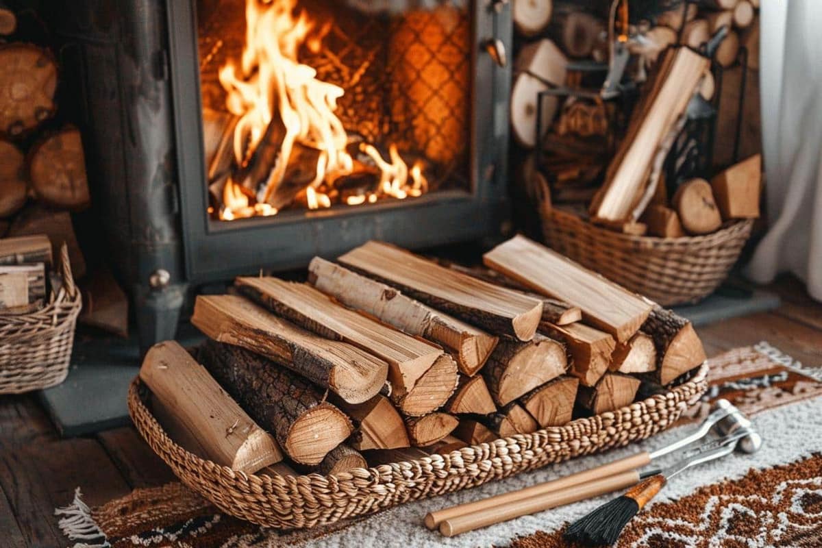 Poêle à bois allumé avec bûches fendues sèches et humidimètre posé à côté