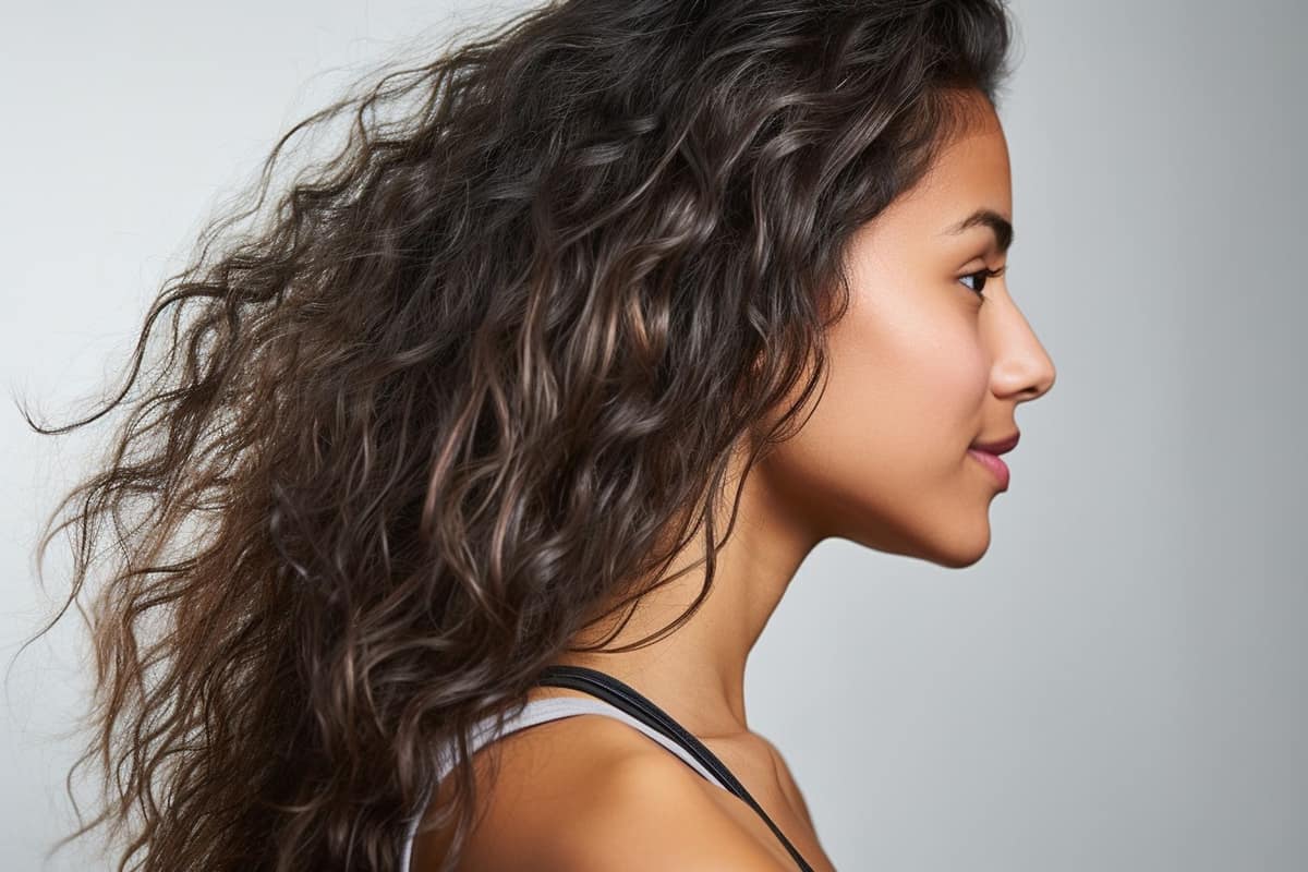Cheveux séparés en mèches pendant un lissage maison dans une salle de bains lumineuse