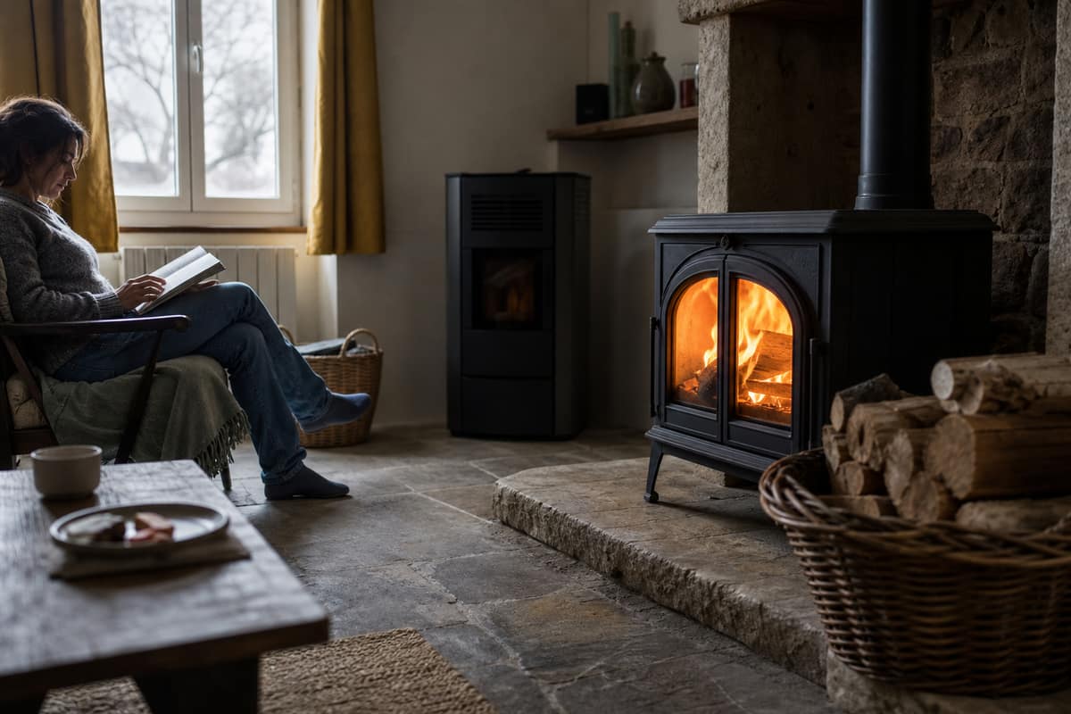 Poêle à bois allumé avec bûches sèches dans un salon en hiver