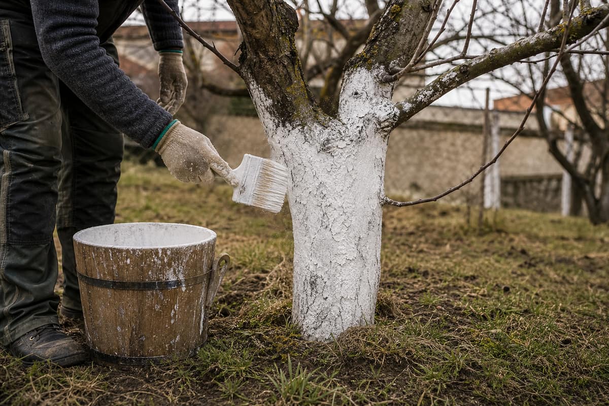 Badigeon blanc à la chaux appliqué sur le tronc d’un pommier en hiver