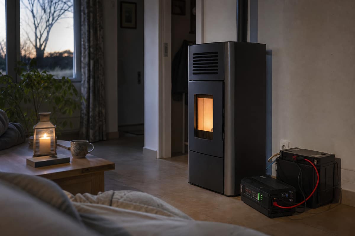 Poêle à granulés avec batterie de secours et onduleur dans un salon
