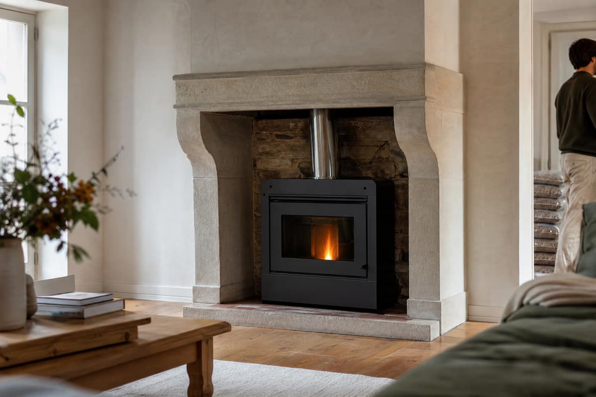 Insert à granulés noir installé dans une ancienne cheminée en pierre