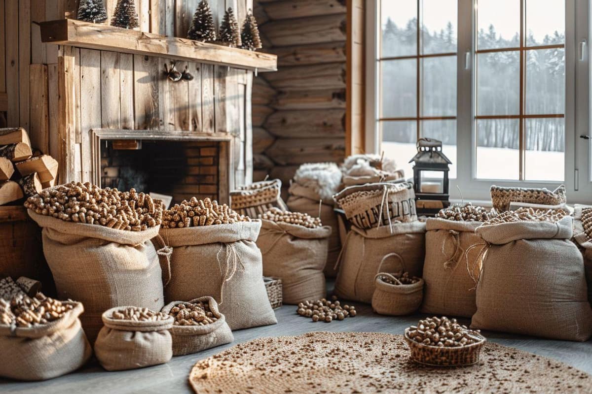 Sacs de granulés de bois stockés sur palette dans un garage sec