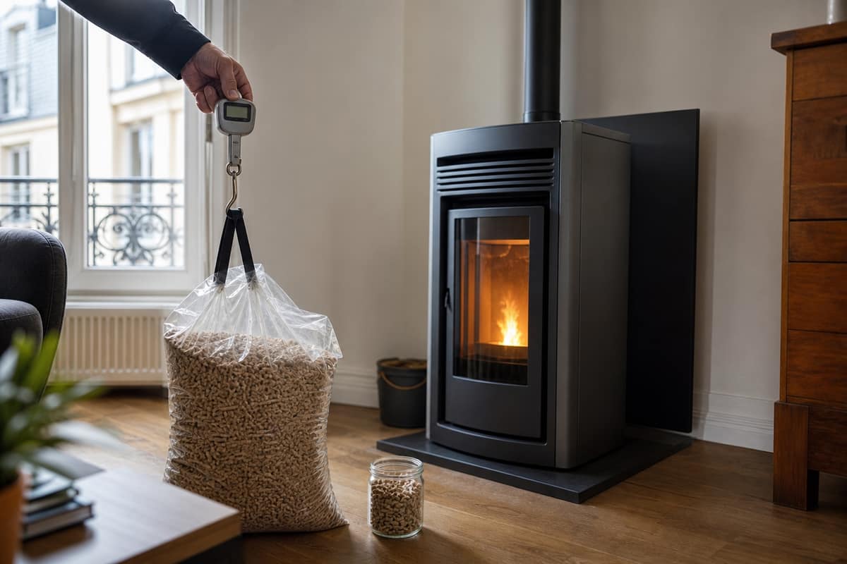 Poêle à pellets moderne, sacs de granulés et balance dans un salon lumineux