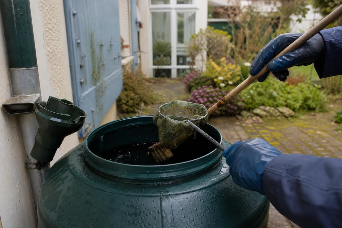 Mains gantées nettoyant l’intérieur d’un récupérateur d’eau de pluie opaque
