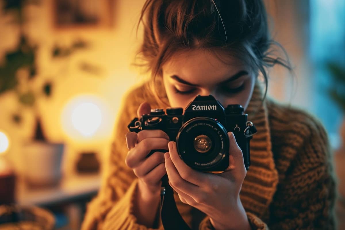 Deux appareils photo et leurs accessoires posés sur une table en bois