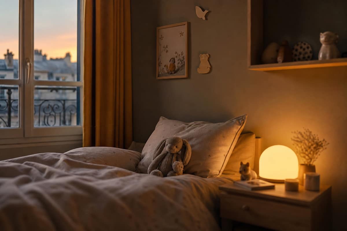 Chambre d'enfant chaleureuse au crépuscule avec veilleuse allumée et peluche sur le lit