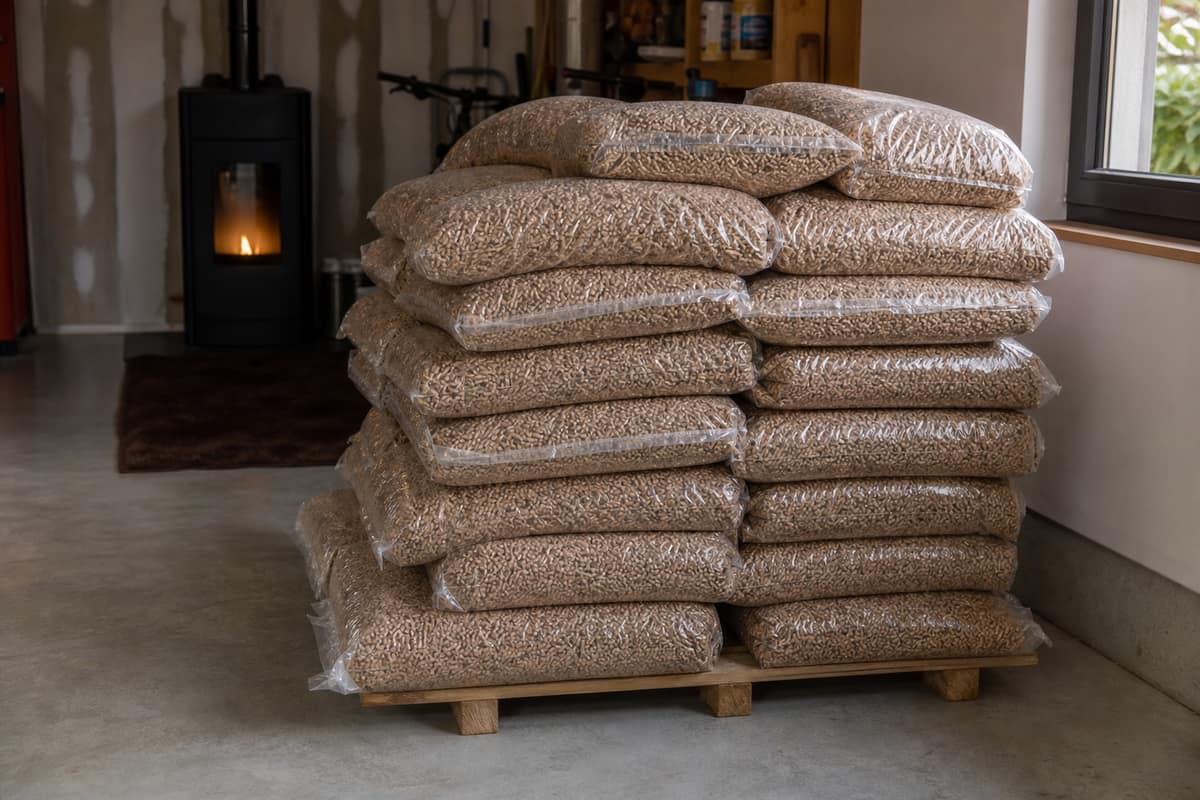 Palette de sacs de granulés stockée au sec dans un garage domestique