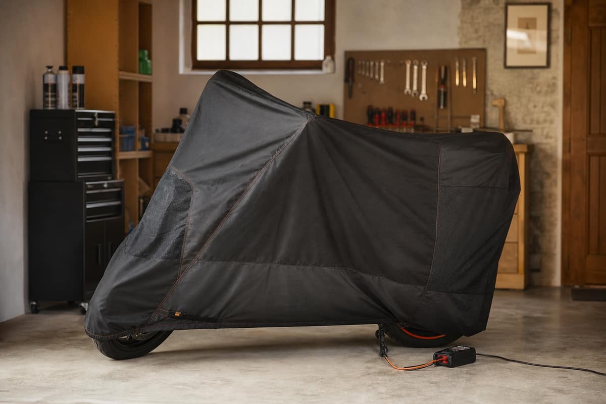 Moto recouverte d'une housse de protection dans un garage sec en hiver