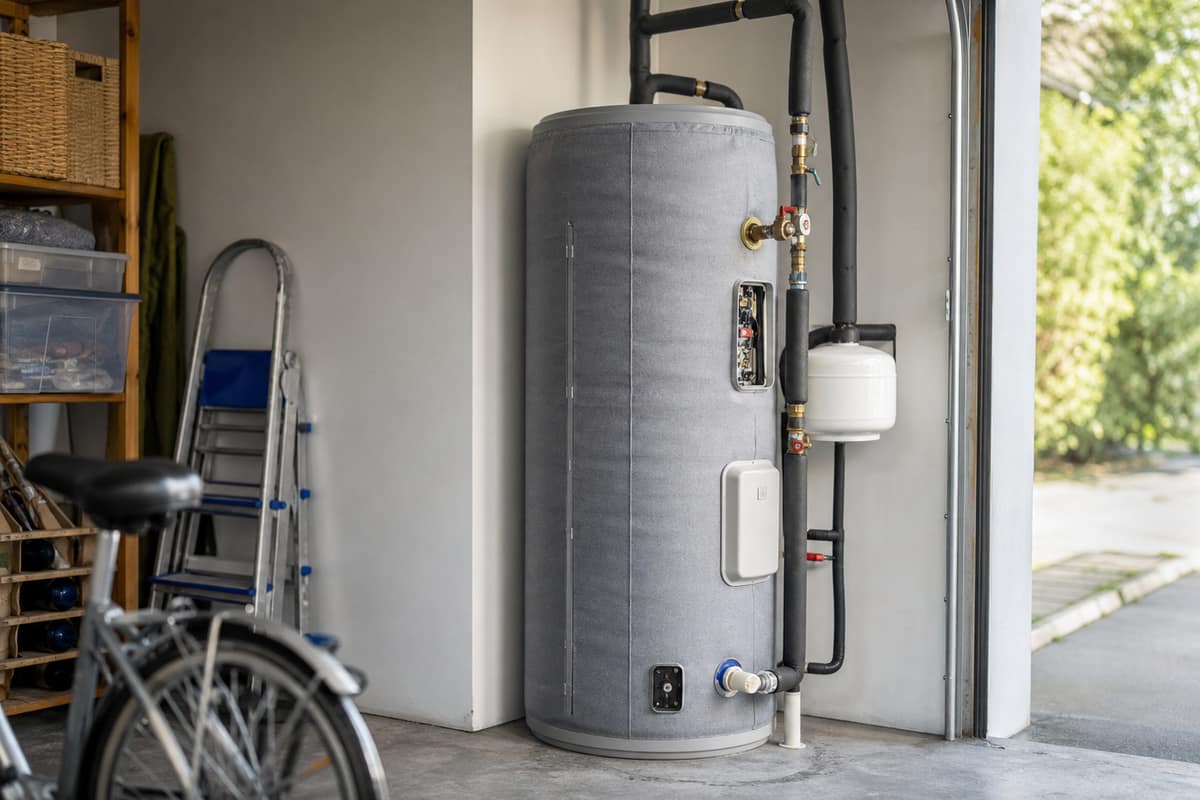 Ballon d’eau chaude électrique ancien équipé d’une housse isolante dans un garage