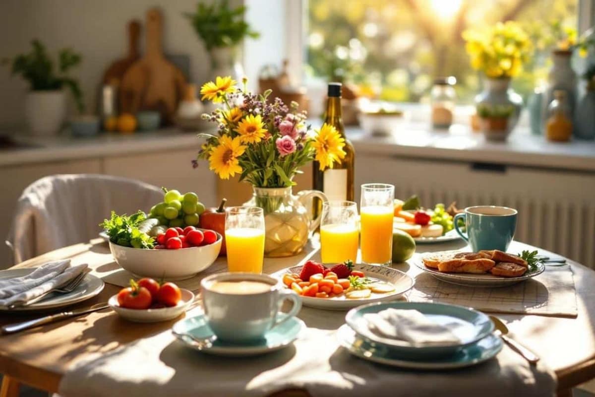 Petit déjeuner équilibré avec porridge, tartines aux œufs, yaourt et fruits frais