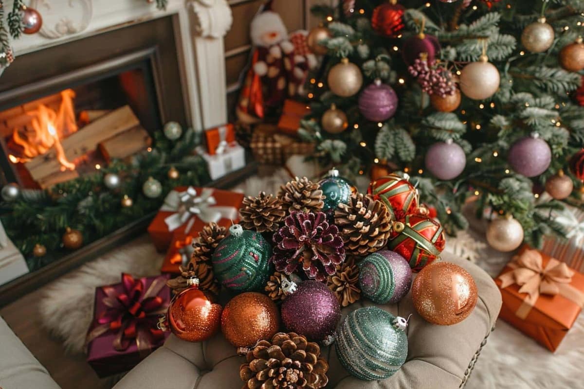 Pommes de pin peintes, ficelle et couronne de Noël sur table en bois