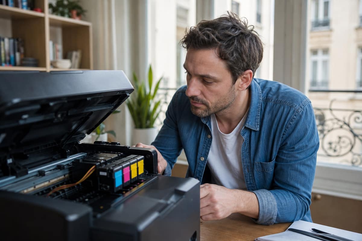 Personne examinant les cartouches couleur d'une imprimante à jet d'encre