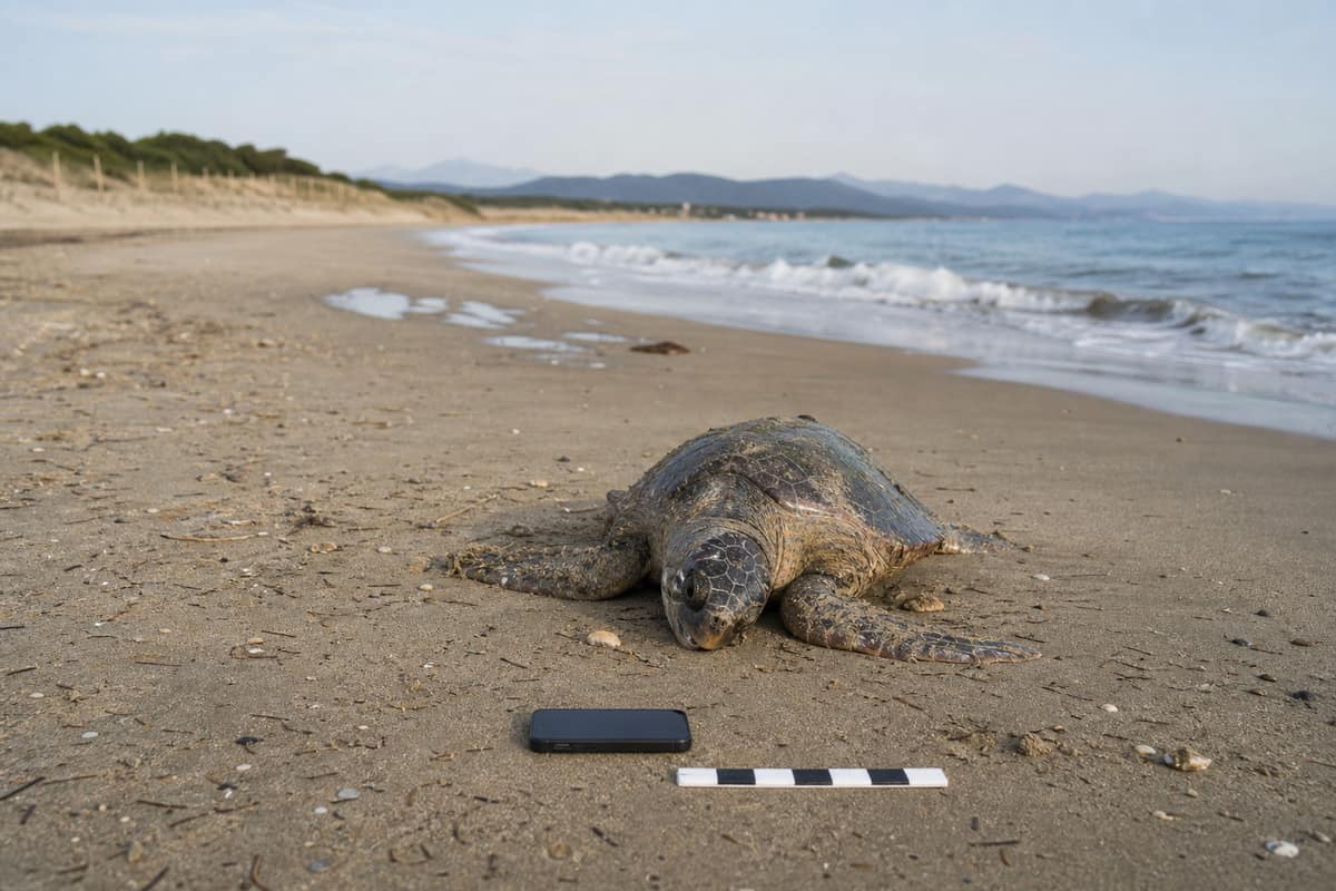 Tortue marine échouée sur une plage, photographiée à distance pour un signalement