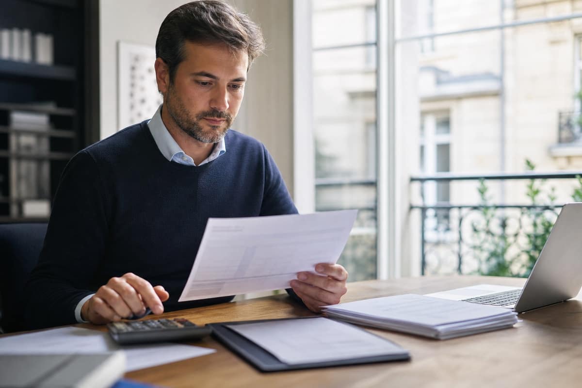 Salarié consultant son bulletin de salaire et une calculatrice sur un bureau