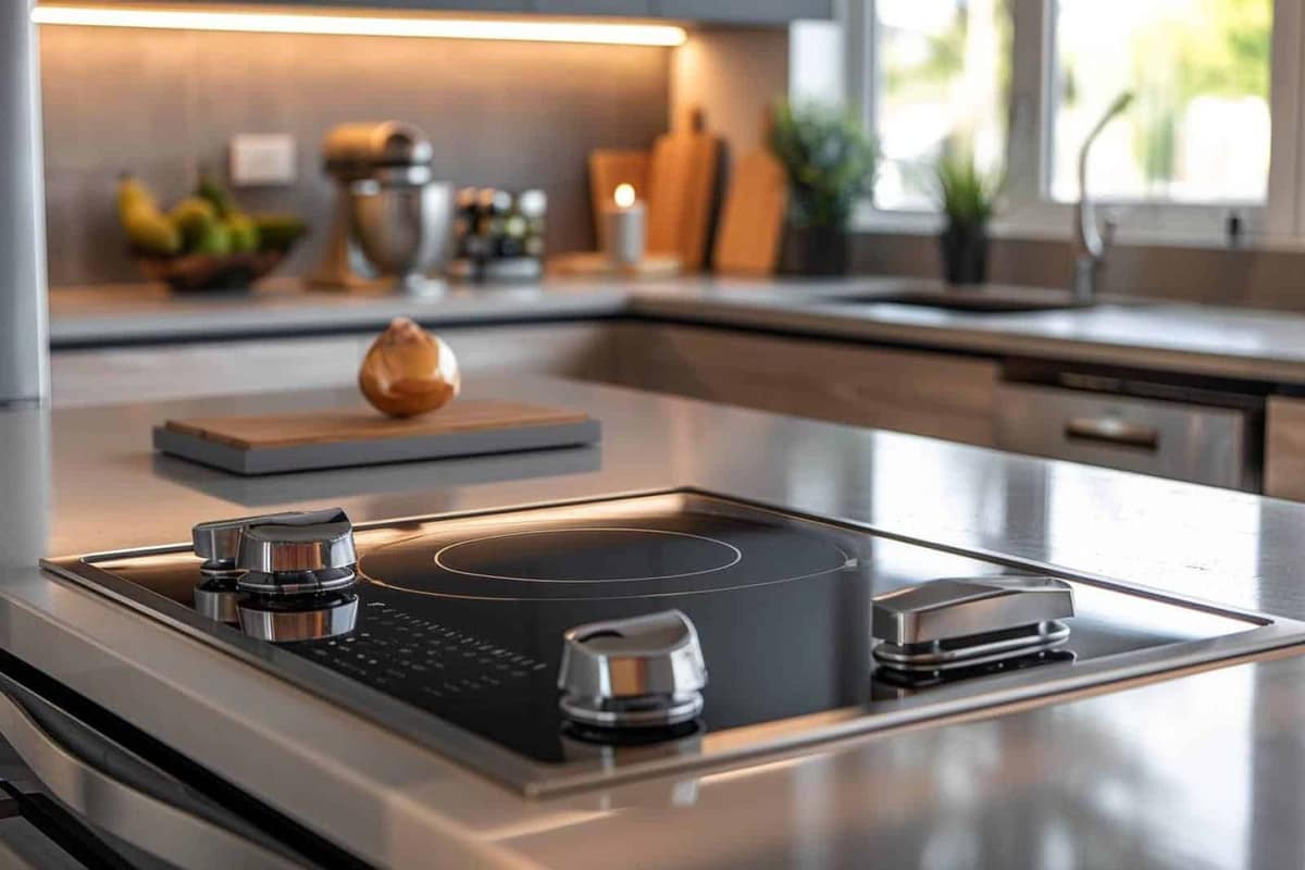 Plaques à induction et vitrocéramique avec casseroles sur un plan de travail
