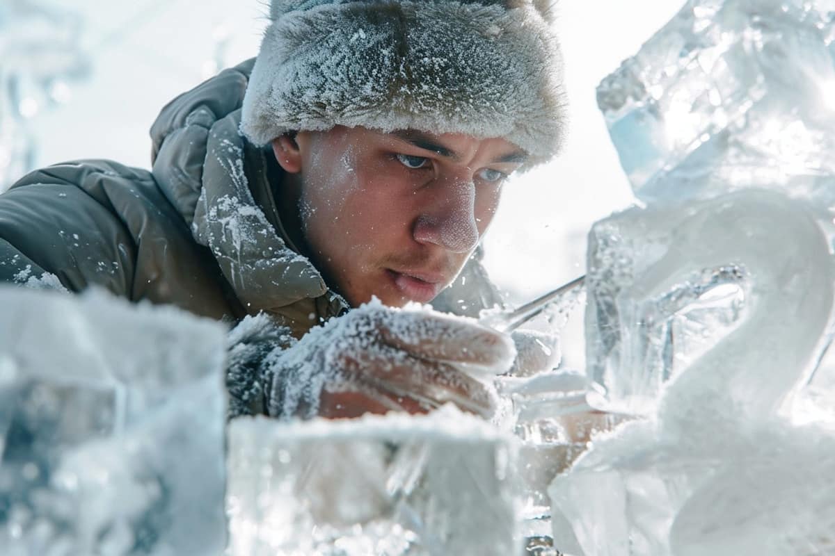 Mains gantées sculptant un petit bloc de glace transparent dans un bac.